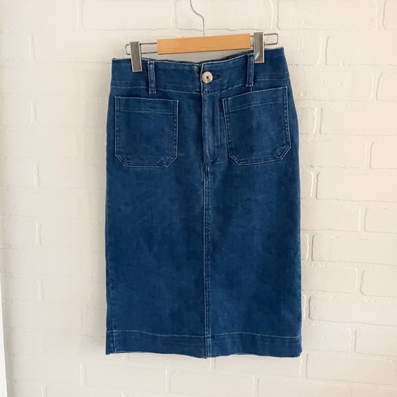 Anthropologie x Maeve Denim Pencil Skirt Dark Wash Pockets Cotton Stretch Sz XS - Picture 2 of 10